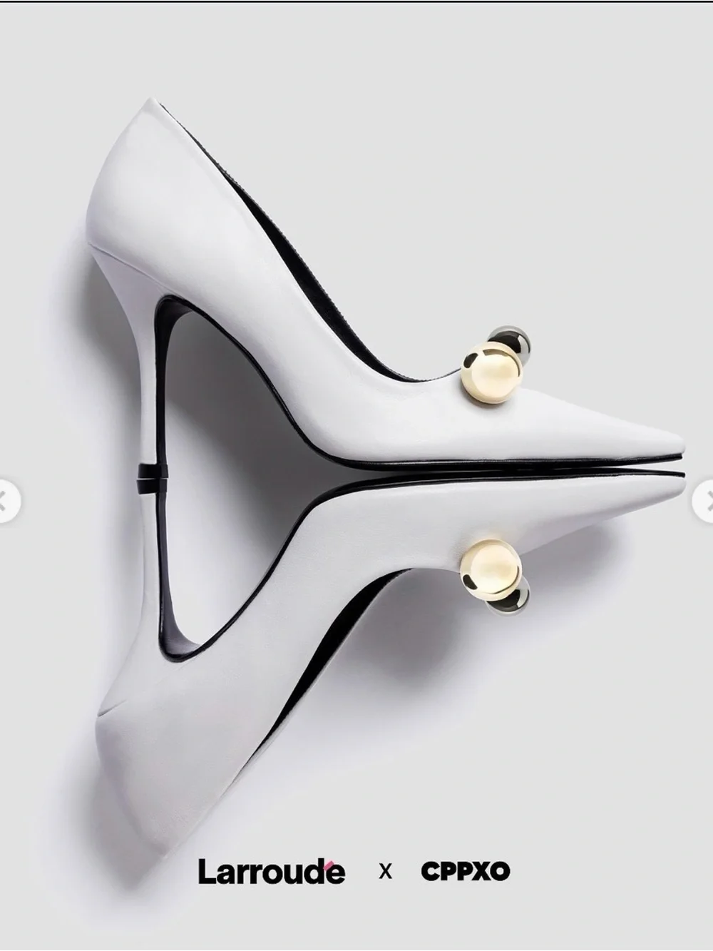 Larroude White Leather Pointed Toe Stiletto Pumps with Gold Orb Accent